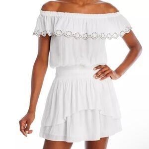 Ramy Brook Cynthia Ivory Off The Shoulders Smocked Mini Dress.Size S